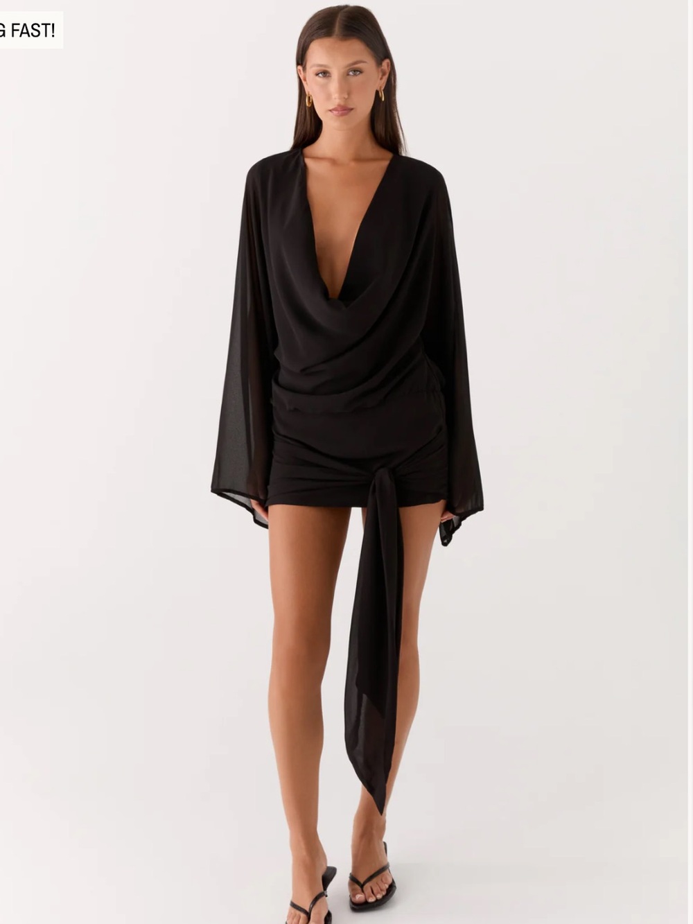 Peppermayo Black Draped Cowl Mini Dress with Long Sheer Sleeves